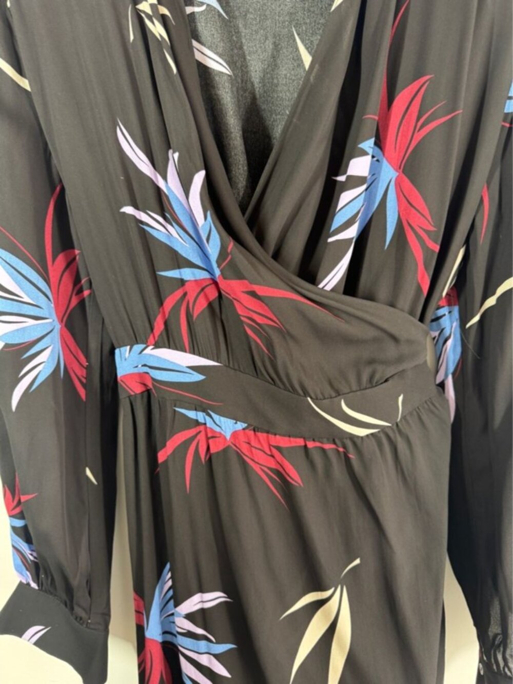 YAYA Wrap Midi Dress Black Floral Long Sleeve Size 44 Boho Casual Chic Vacation - Picture 7 of 15